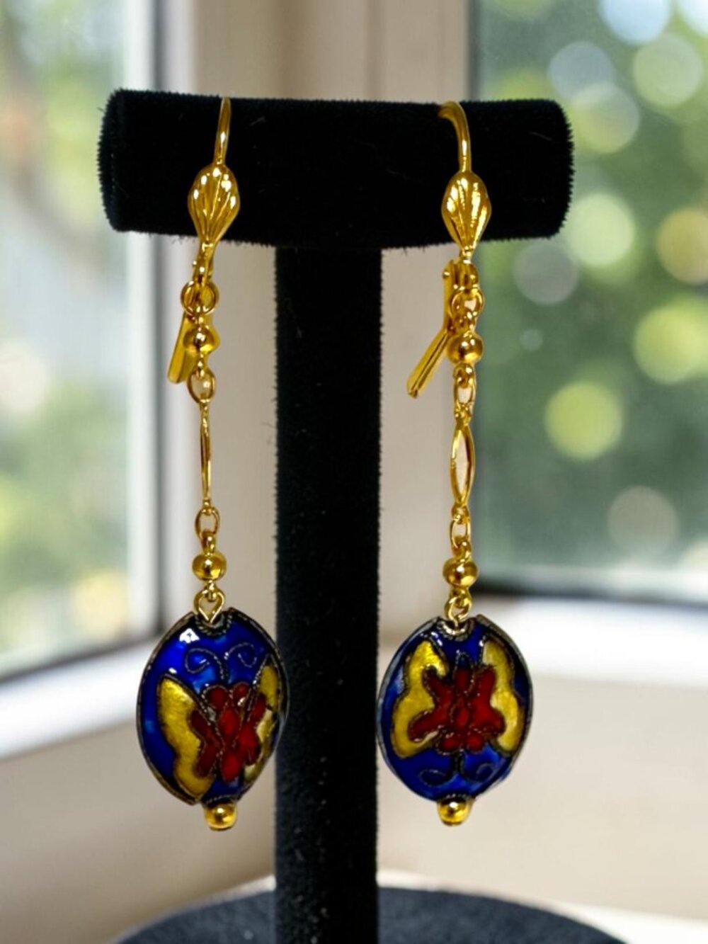 Blue Cloisonné Floral Butterfly Dangle Earrings Gold Leverback 2.75" Boho Style